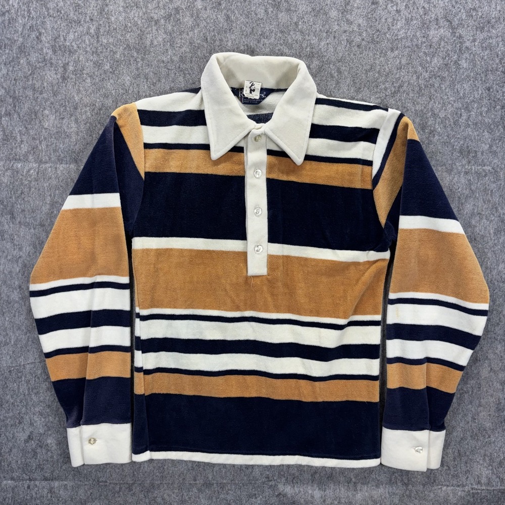 True Vintage 1970s Velour Rugby Polo Shirt XXS 16x24 Striped Yellow Blue USA